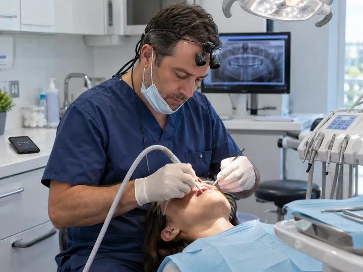 Dentist treating patient while AI receptionist handles incoming phone calls