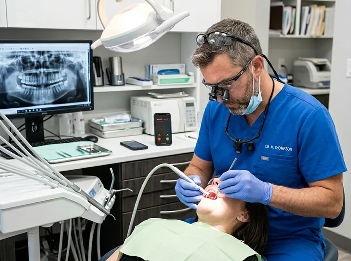 Dentist treating patient while AI receptionist handles incoming phone calls