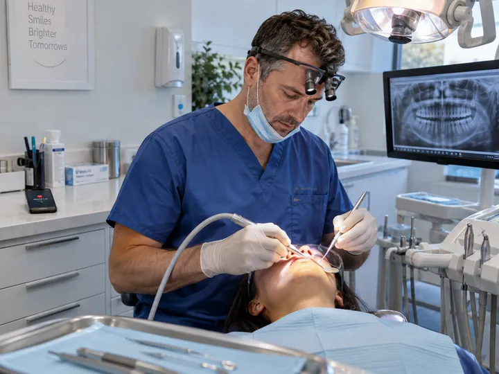 Dentist treating patient while AI receptionist handles incoming phone calls