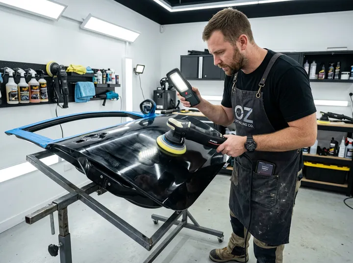 Car detailer doing paint correction while AI handles incoming calls