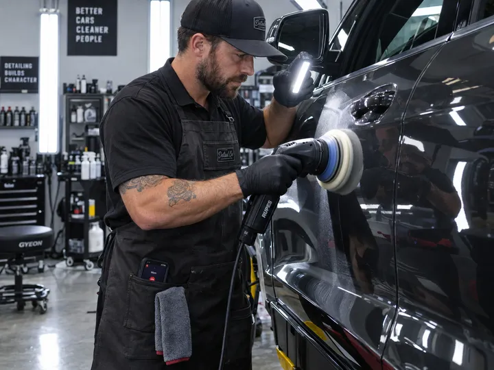 Auto detailer doing paint correction while AI handles incoming calls