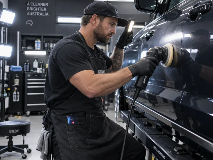Car detailer doing paint correction while AI handles incoming calls