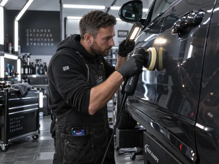 Car detailer doing paint correction while AI handles incoming calls