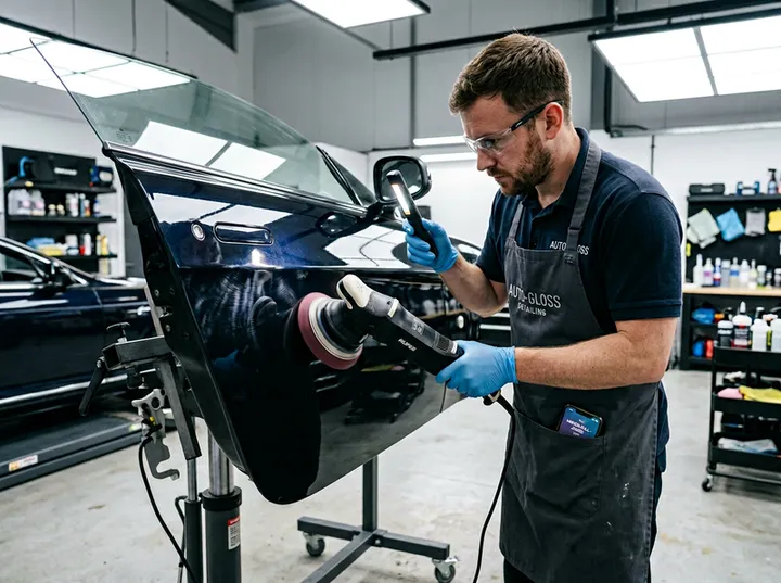 Car detailer doing paint correction while AI handles incoming calls