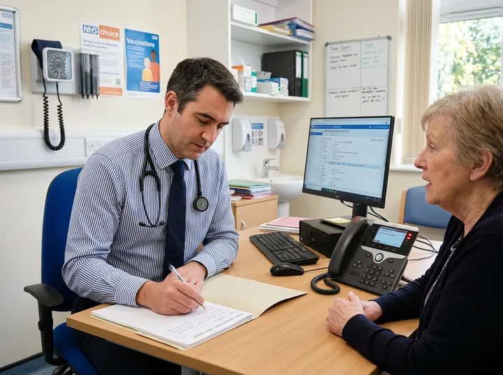 Doctor in consultation while AI receptionist handles prescription query