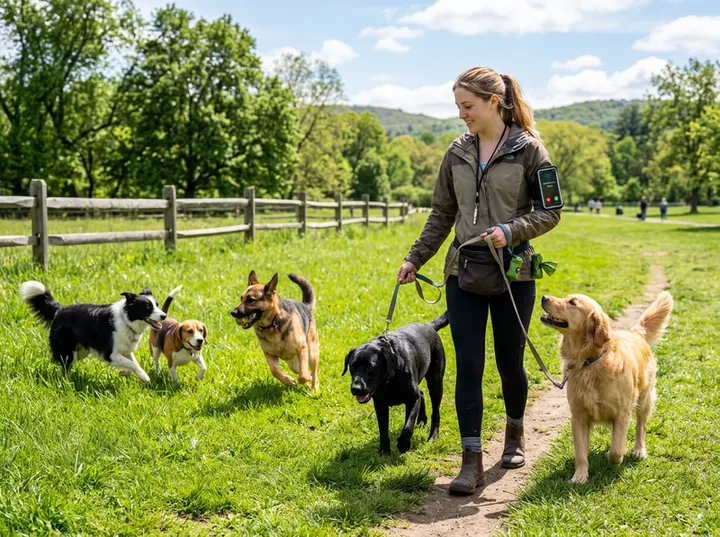 Dog walker on group walk while AI handles incoming call