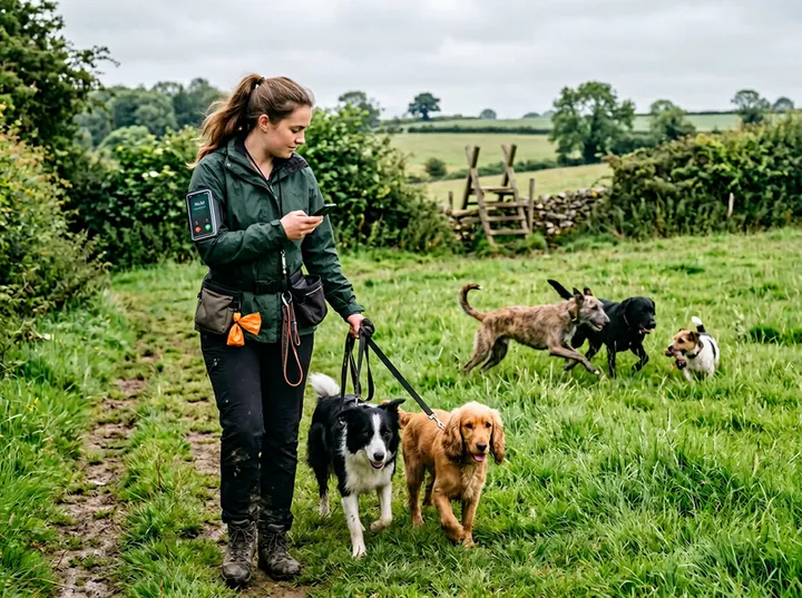 Dog walker on group walk while AI handles incoming call