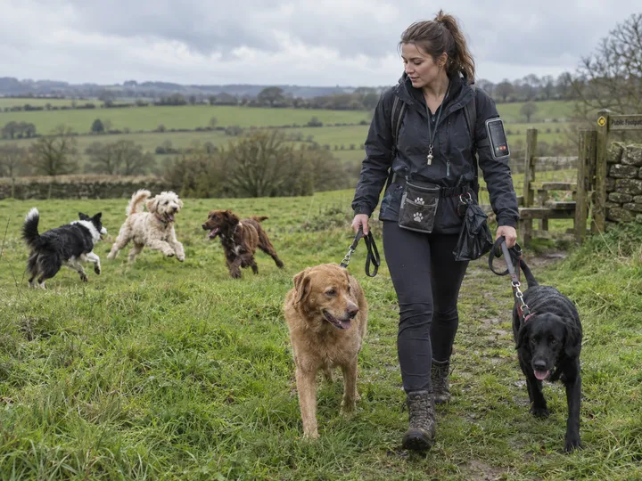 Dog walker on group walk while AI handles incoming call