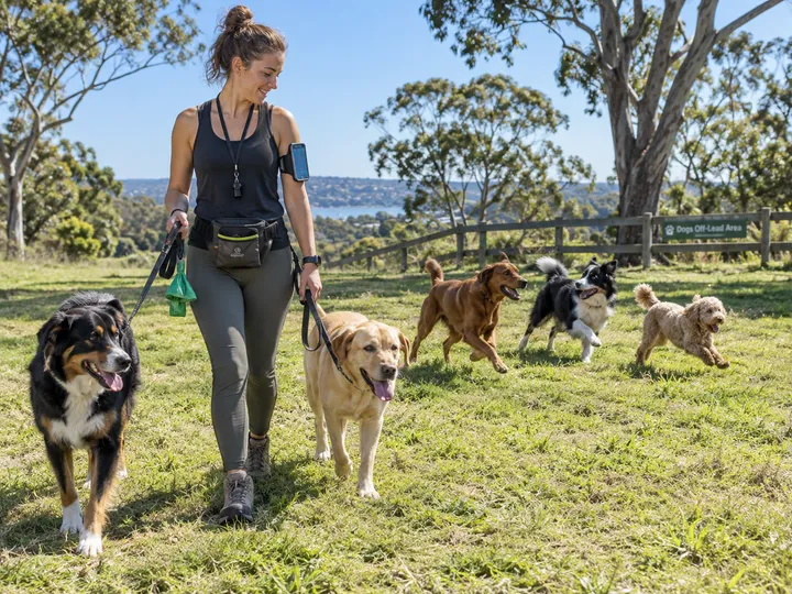 Dog walker on group walk while AI handles incoming call