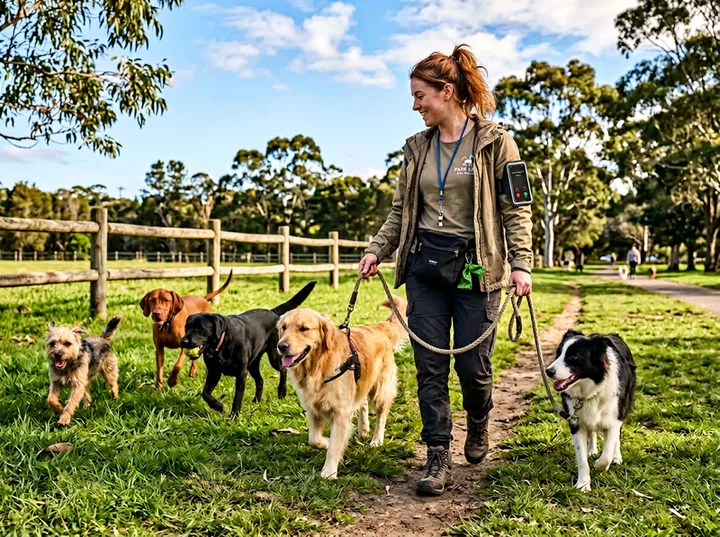 Dog walker on group walk while AI handles incoming call