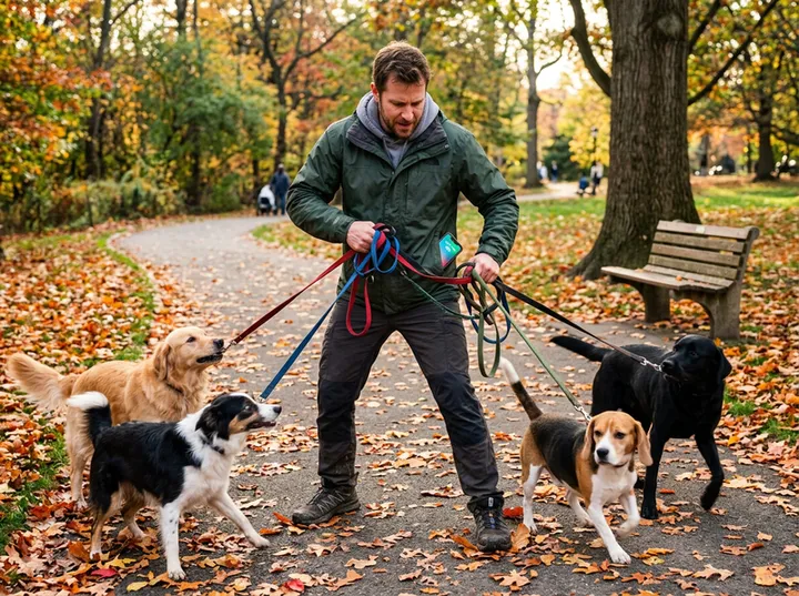 Dog walker unable to answer phone while managing multiple dogs