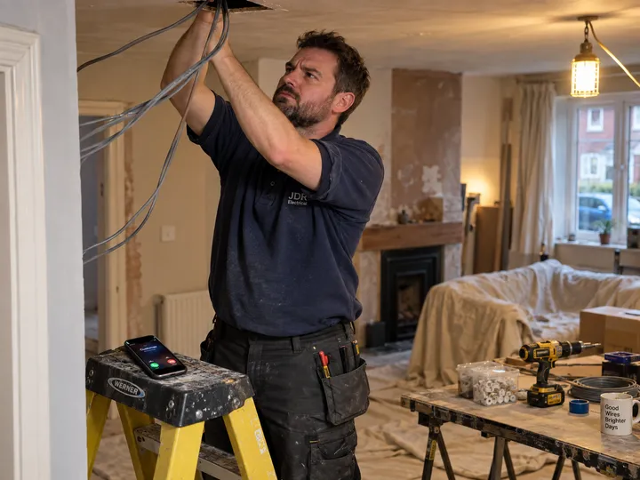 Electrician unable to answer phone while working on a switchboard