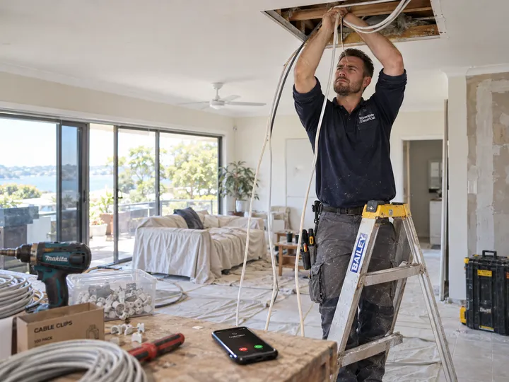 Electrician unable to answer phone while working on a switchboard