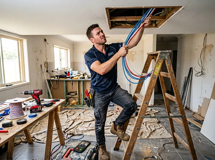 Electrician unable to answer phone while working on a switchboard