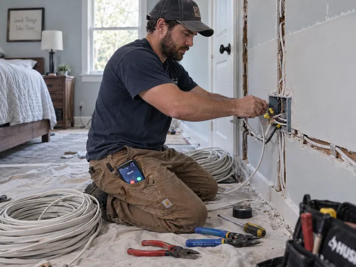 Electrician working while AI handles incoming phone call
