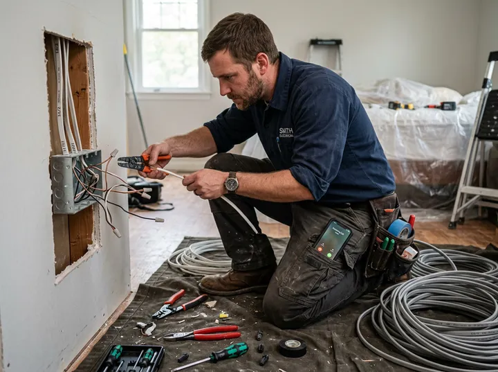 Electrician working while AI handles incoming phone call