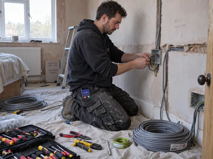 Electrician working while AI handles incoming phone call