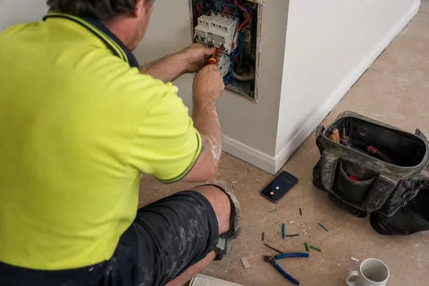 An electrician crouched at a domestic consumer unit with both hands on the wiring while a mobile phone lights up unanswered on the floor beside the toolbag