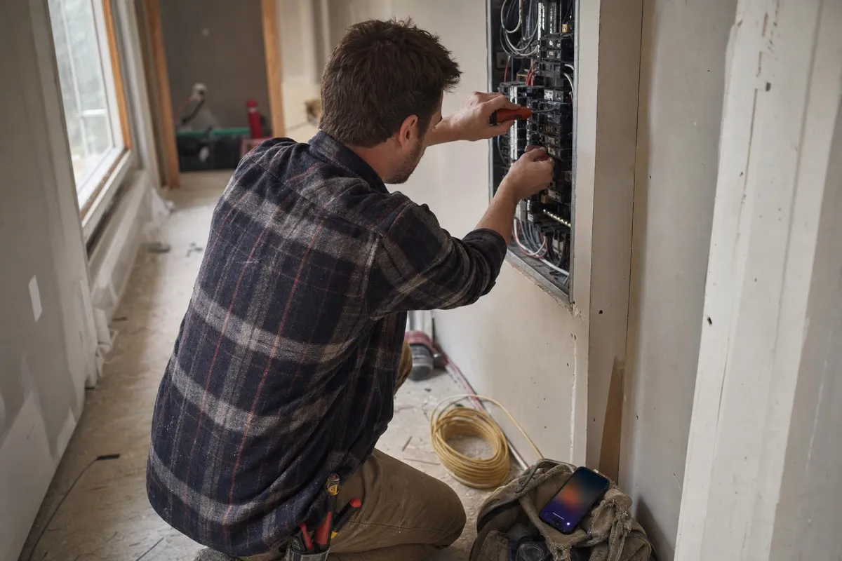 An electrician kneeling at an open domestic consumer unit with both hands busy, while a phone lights up unanswered on the toolbag beside him.