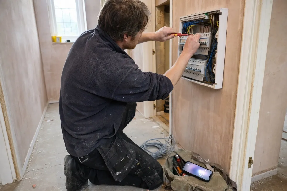 An electrician kneeling at an open domestic consumer unit with both hands busy, while a phone lights up unanswered on the toolbag beside him.
