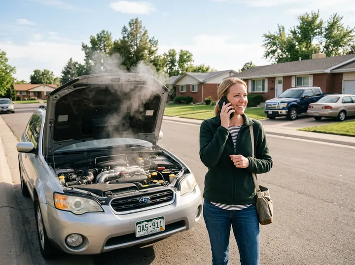 Emergency breakdown call being handled by AI answering service for auto shop