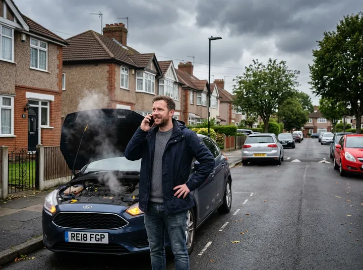 Emergency breakdown call being handled by AI answering service for auto shop