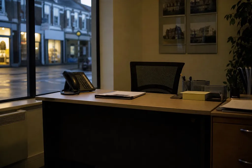 An empty estate agency reception desk with the phone unattended after closing