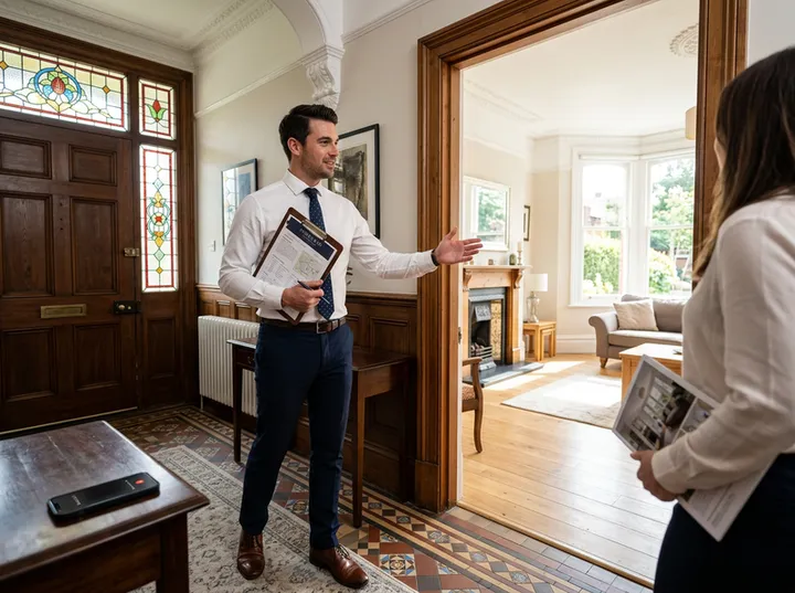 Estate agent conducting viewing while AI receptionist handles vendor call