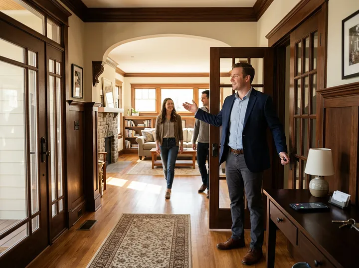 Real estate agent conducting showing while AI receptionist handles seller call