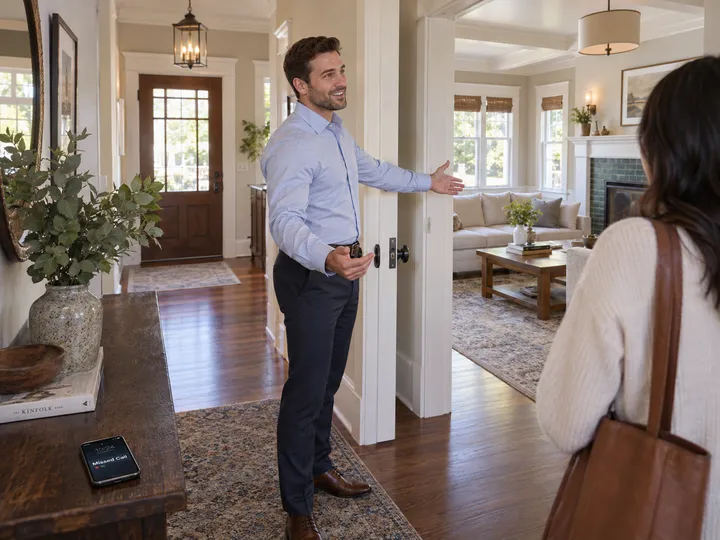 Real estate agent conducting showing while AI receptionist handles seller call