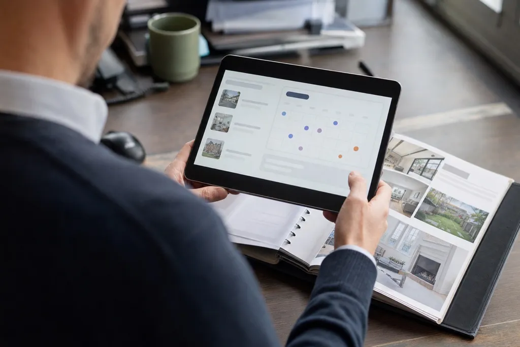 An estate agent checking a scheduling calendar and property list on a tablet at their desk
