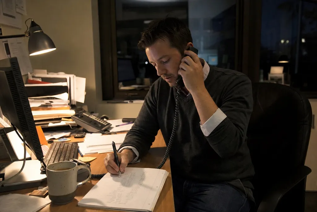 An estate agent returning calls at their desk in the evening under a warm lamp