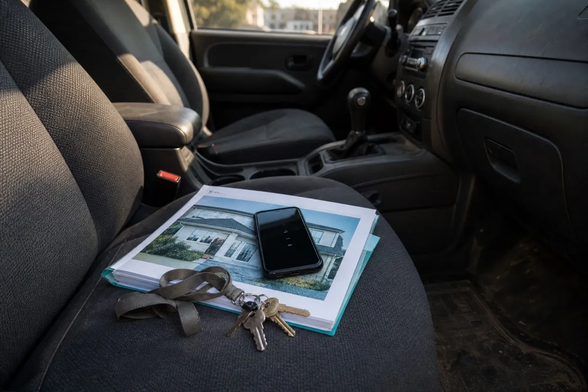 A mobile phone showing missed calls resting on a folder of property details on a car passenger seat