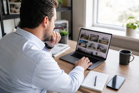 An estate agent reviewing property listings on a laptop at their desk, with a notebook and phone beside them.