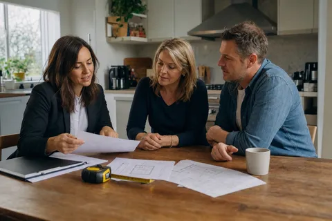 An estate agent going through a property valuation with homeowners at their kitchen table