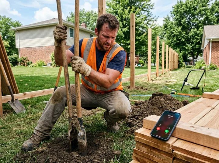Fence contractor unable to answer phone while setting posts on job site