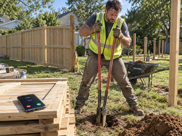 Fence contractor unable to answer phone while setting posts on job site