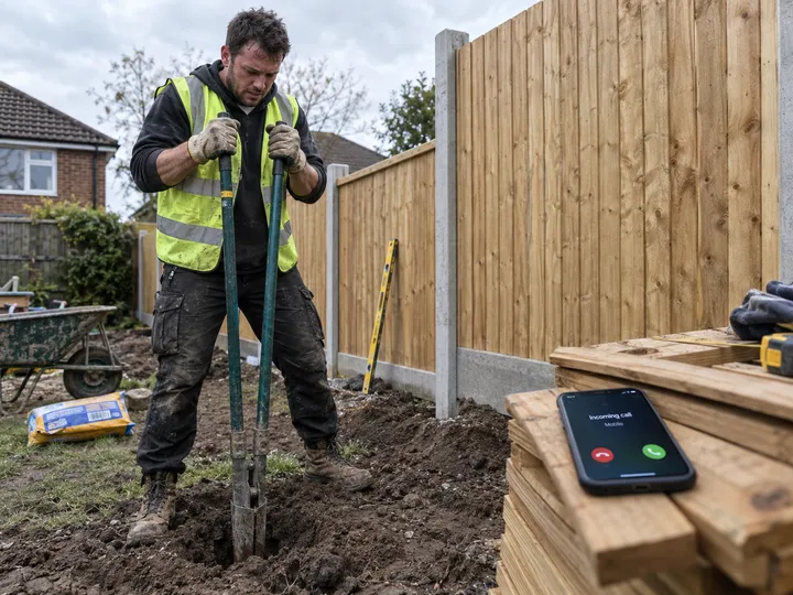 Fencing contractor unable to answer phone while digging post holes on-site