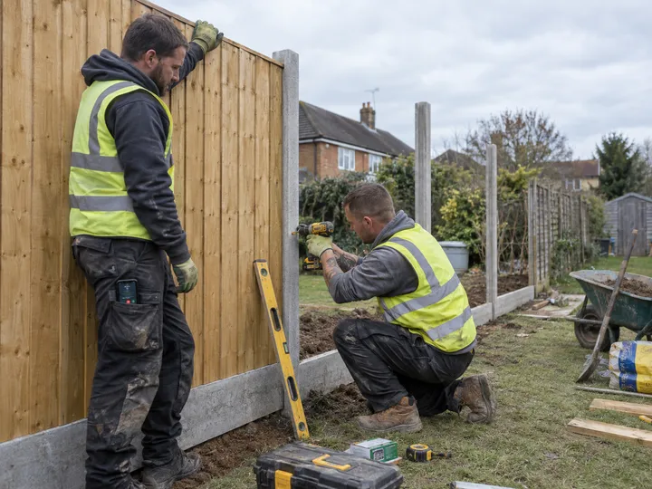 Fencing team installing palings while AI handles incoming phone call
