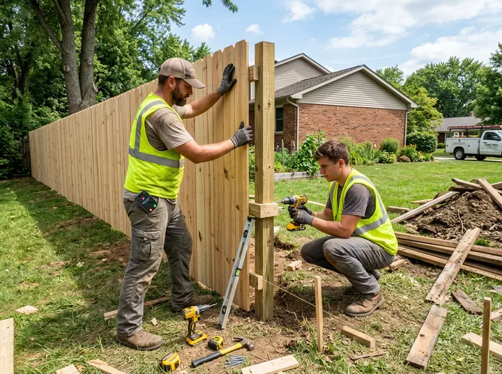 Fence crew installing panels while AI handles incoming phone call