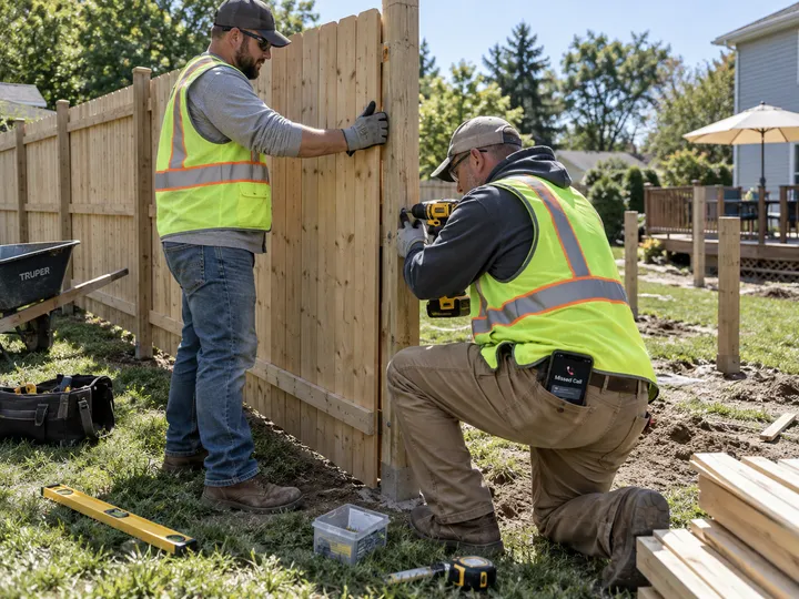 Fence crew installing panels while AI handles incoming phone call