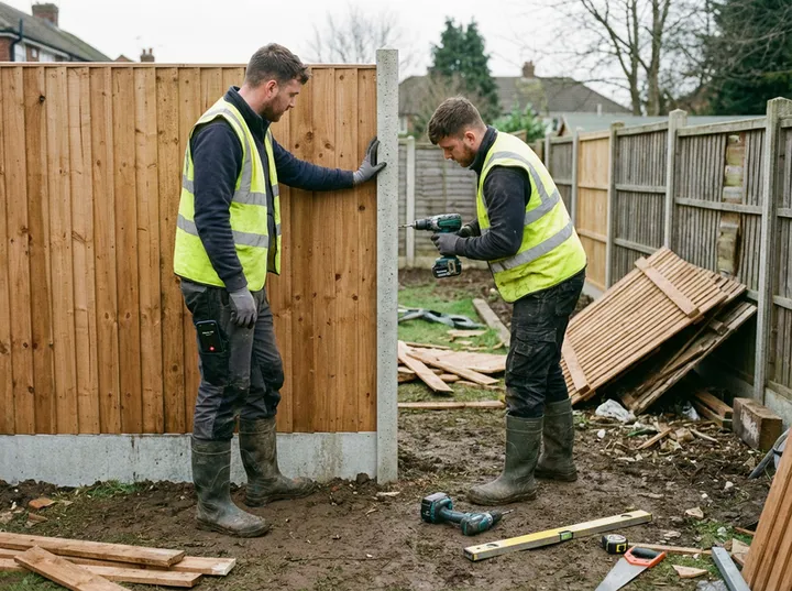 Fence crew installing cedar while AI handles incoming phone call