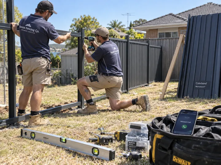 Fencing team installing Colorbond while AI handles incoming phone call