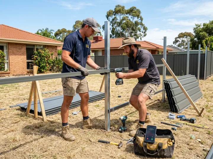 Fencing team installing Colorbond while AI handles incoming phone call