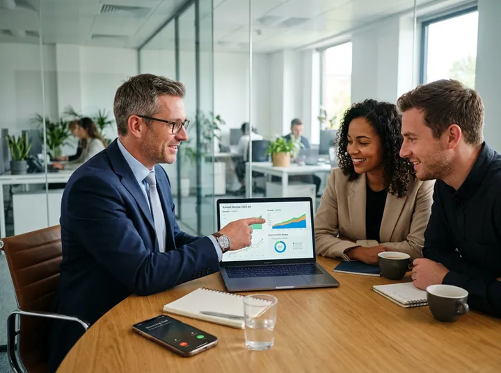 Financial advisor in meeting while AI handles new inquiry