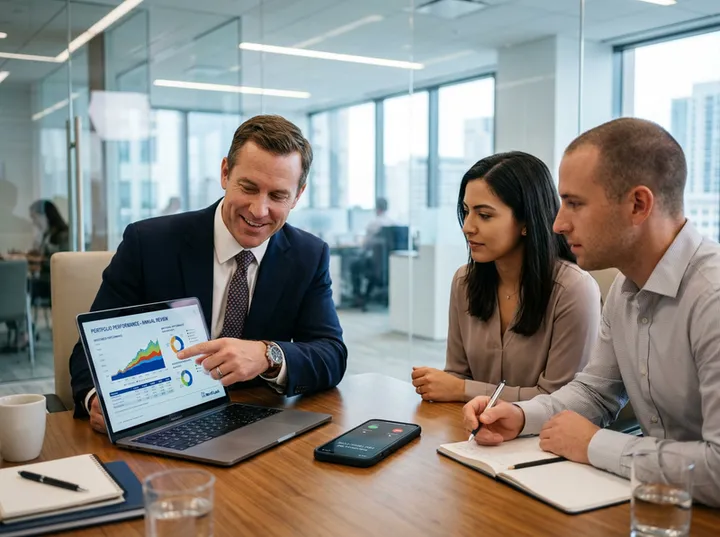 Financial advisor in meeting while AI handles new inquiry