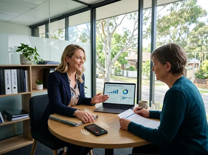 Financial planner in meeting while AI handles new enquiry