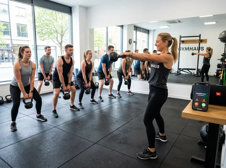 Fitness instructor mid-class while AI handles incoming call