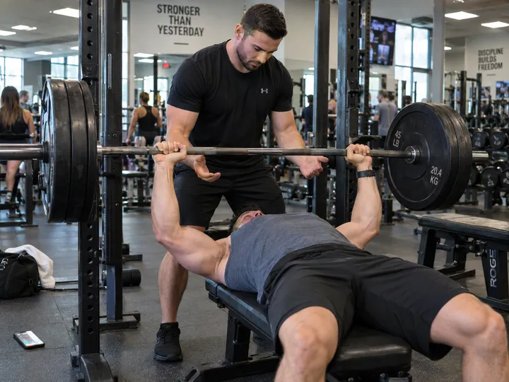 Personal trainer unable to answer phone while spotting a client at the gym