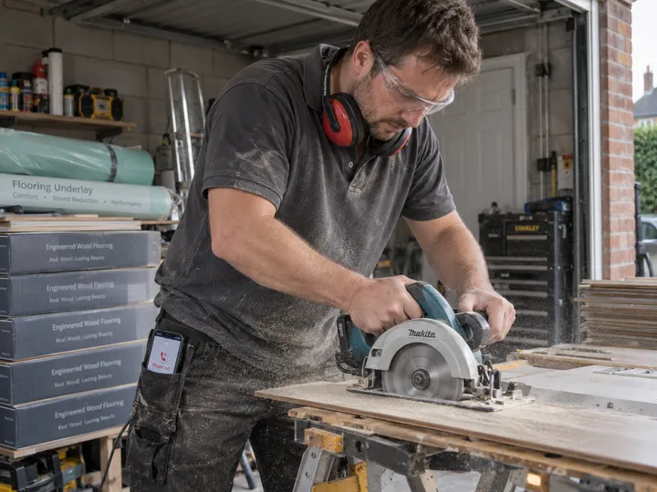 Flooring fitter mid-installation while AI handles incoming phone call